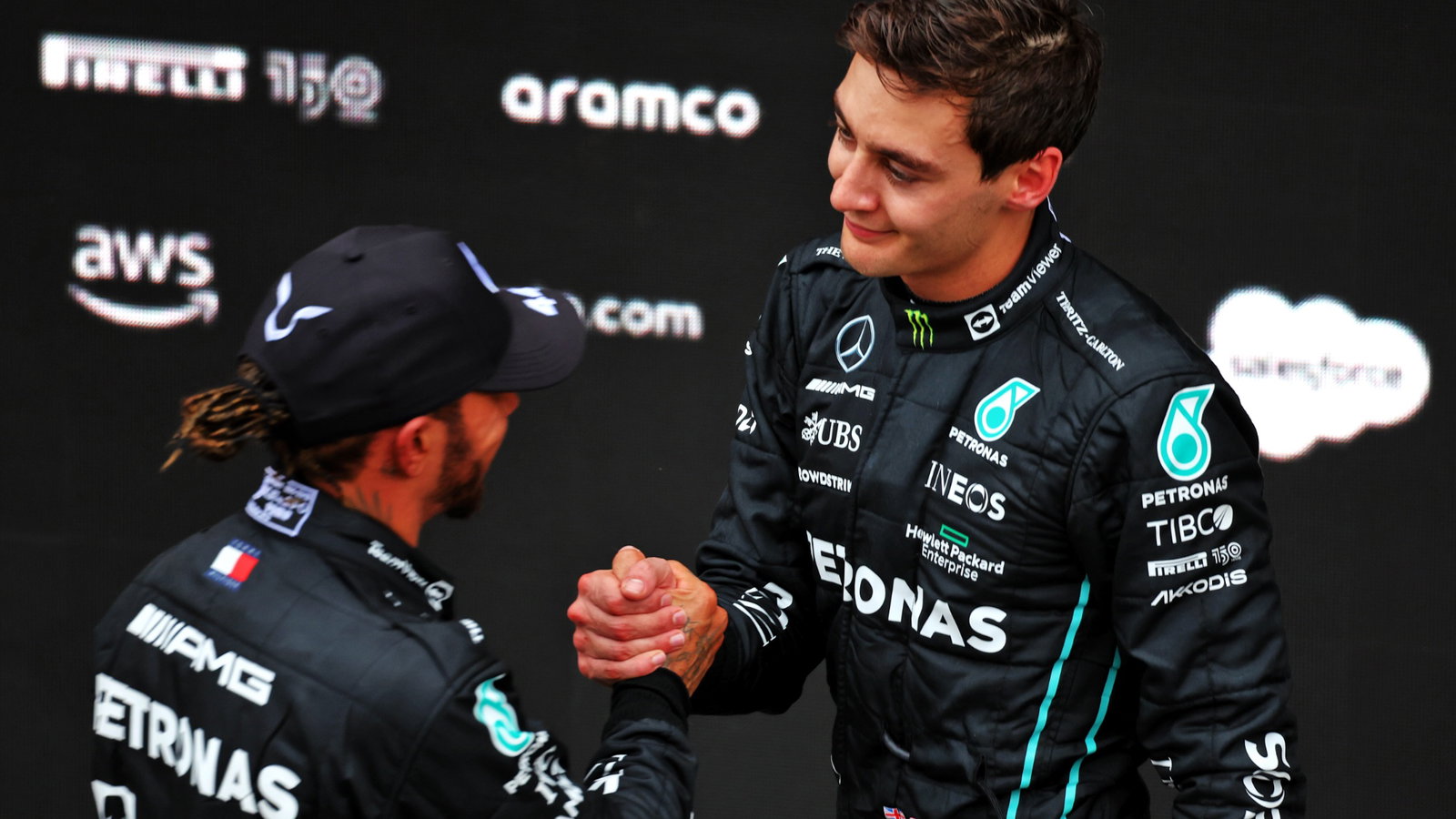 Race winner George Russell (GBR) Mercedes AMG F1 with second placed team mate Lewis Hamilton (GBR) Mercedes AMG F1 in parc