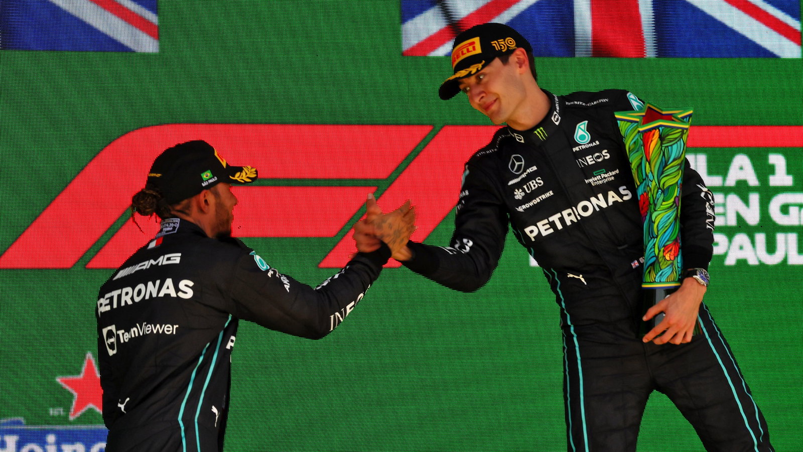 (L to R): second placed Lewis Hamilton (GBR) Mercedes AMG F1 and race winner George Russell (GBR) Mercedes AMG F1 on the