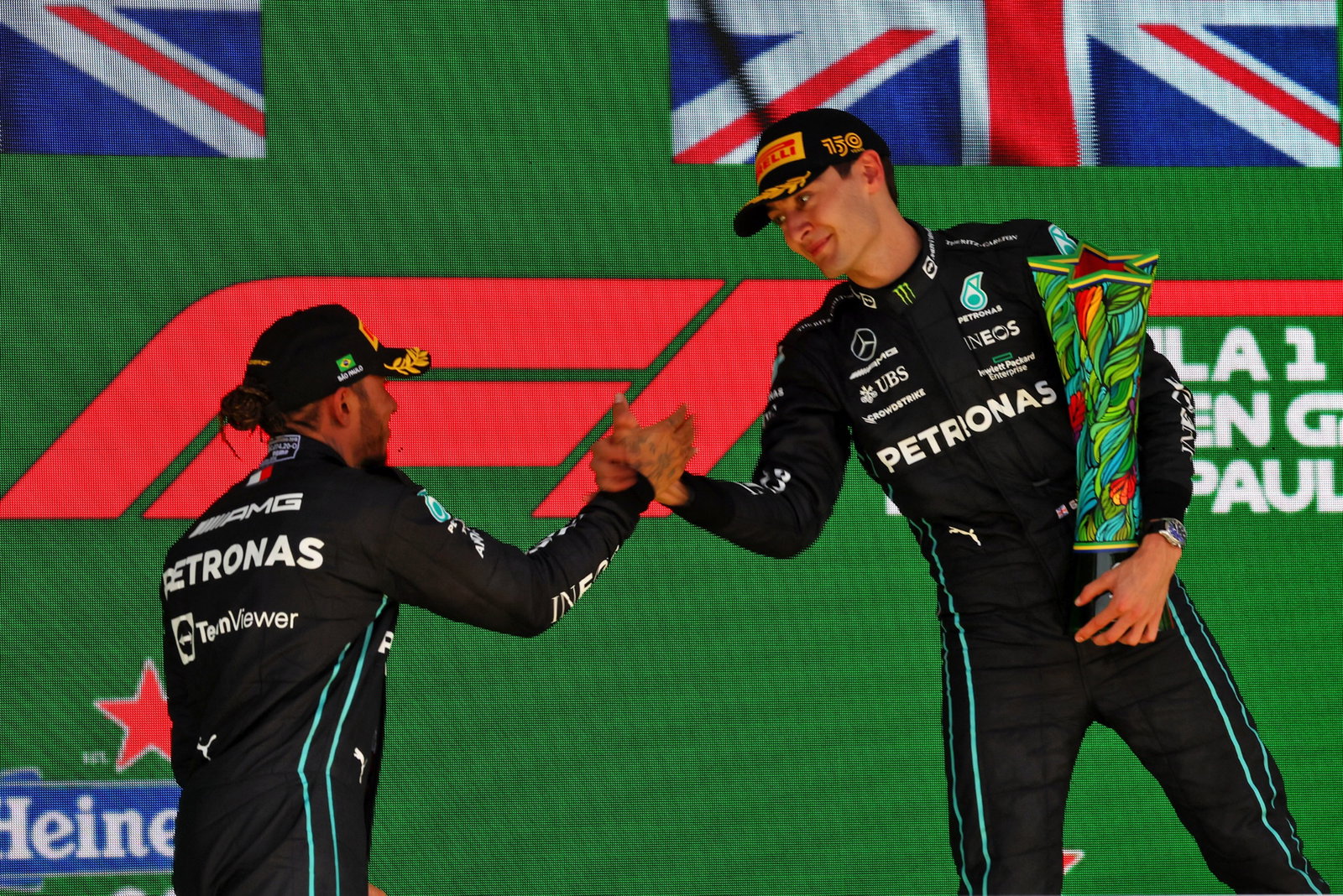 (L to R): second placed Lewis Hamilton (GBR) Mercedes AMG F1 and race winner George Russell (GBR) Mercedes AMG F1 on the