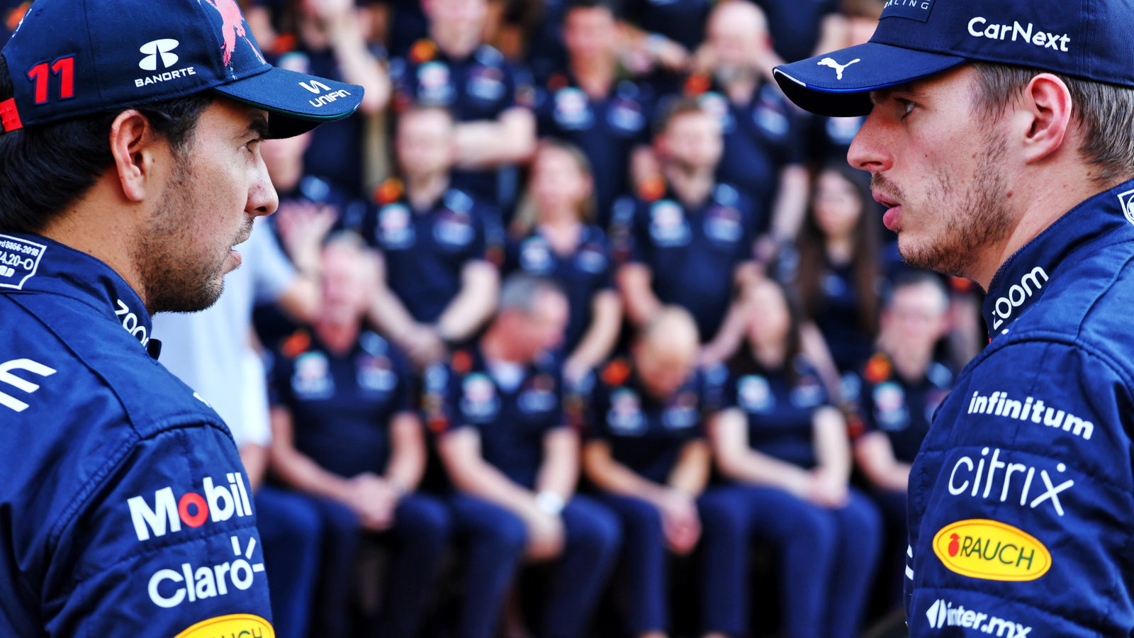 (L to R): Sergio Perez (MEX) Red Bull Racing with Max Verstappen (NLD) Red Bull Racing at a team photograph. Formula 1