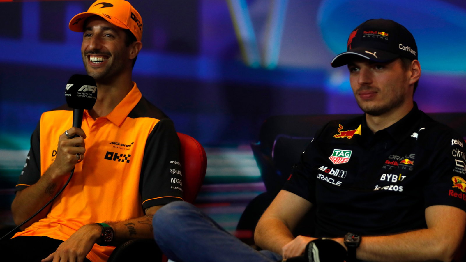 Daniel Ricciardo (AUS) McLaren with Max Verstappen (NLD) Red Bull Racing. Formula 1