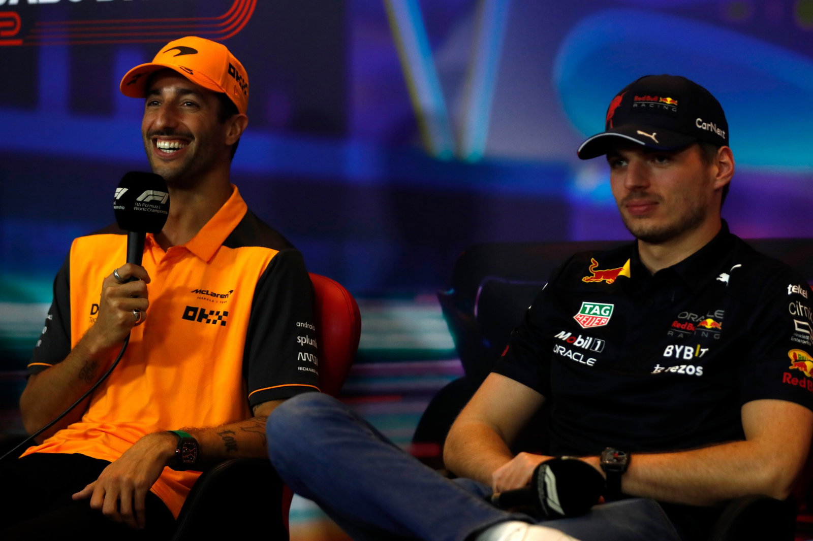 Daniel Ricciardo (AUS) McLaren with Max Verstappen (NLD) Red Bull Racing. Formula 1