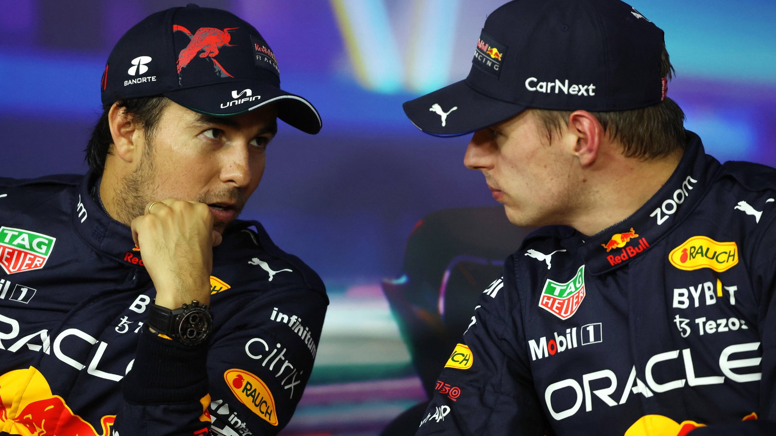 (L to R): Sergio Perez (MEX) Red Bull Racing and Max Verstappen (NLD) Red Bull Racing in the post qualifying FIA Press
