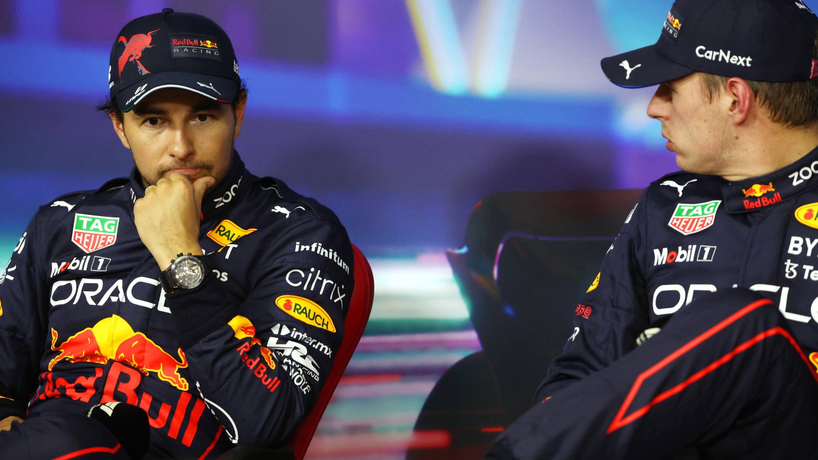(L to R): Sergio Perez (MEX) Red Bull Racing and Max Verstappen (NLD) Red Bull Racing in the post qualifying FIA Press