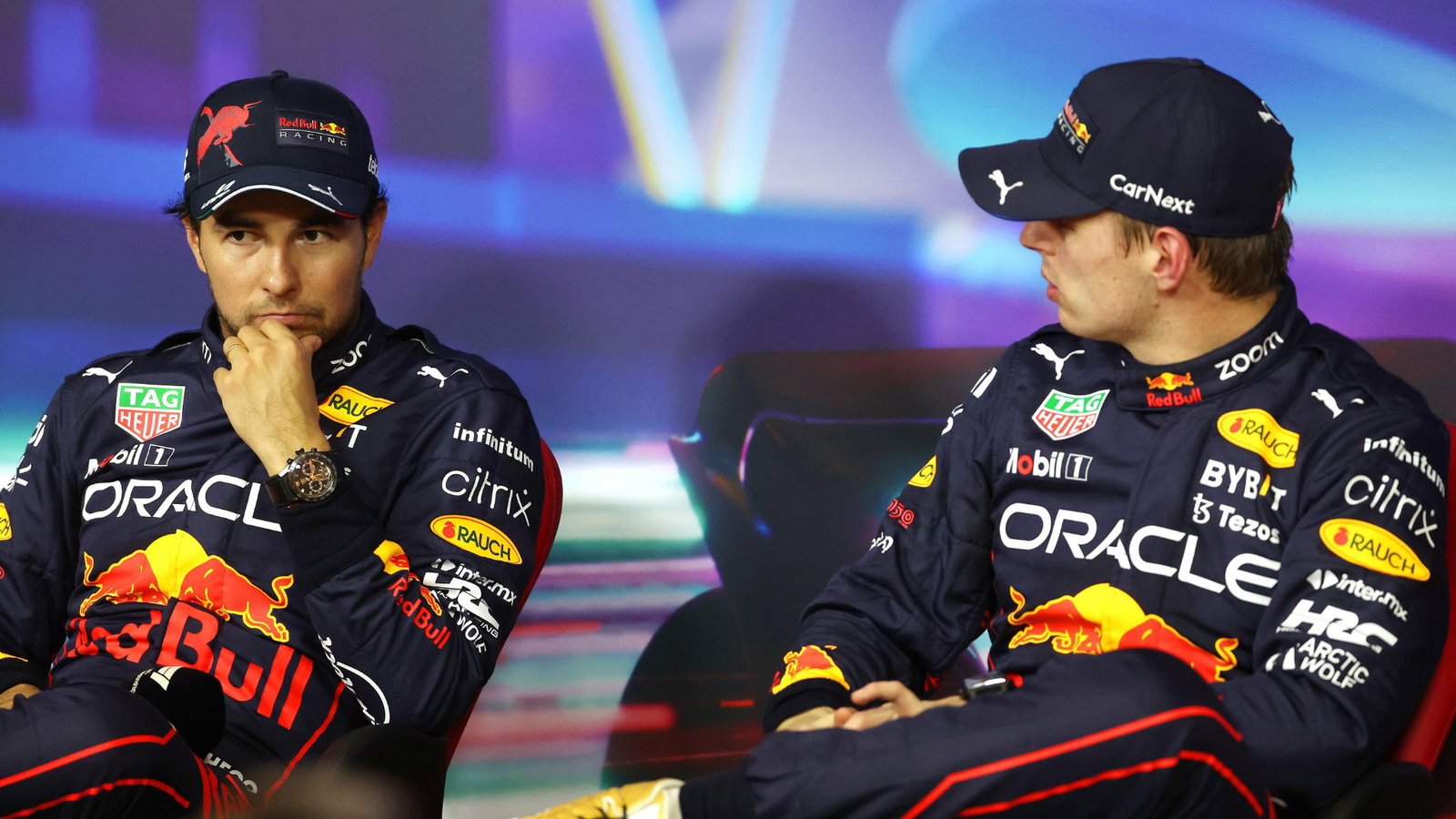 (L to R): Sergio Perez (MEX) Red Bull Racing and Max Verstappen (NLD) Red Bull Racing in the post qualifying FIA Press