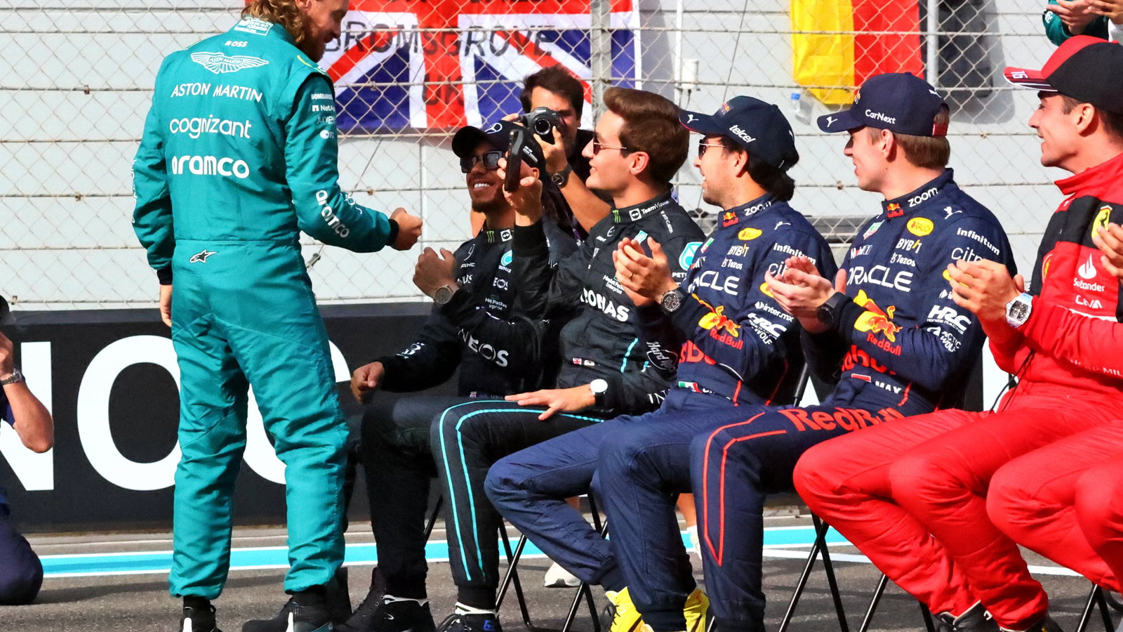 Sebastian Vettel (GER) Aston Martin F1 Team with Lewis Hamilton (GBR) Mercedes AMG F1 at the end of year drivers'