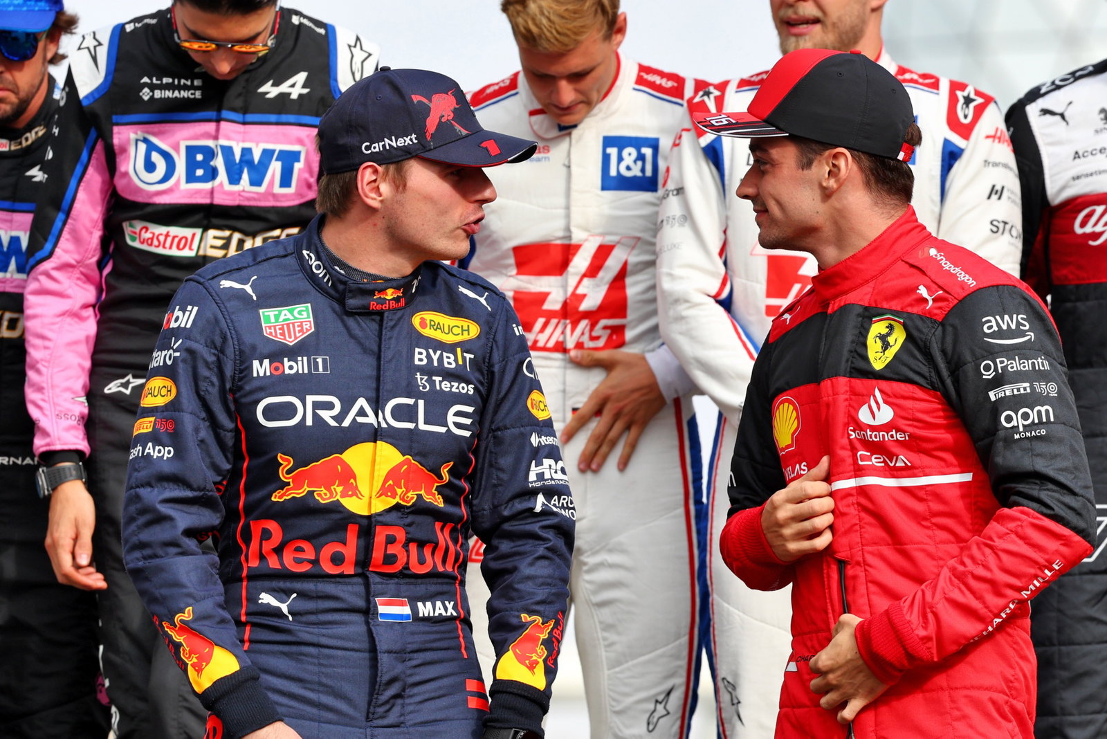 (L to R): Max Verstappen (NLD) Red Bull Racing and Charles Leclerc (MON) Ferrari at the end of year drivers' photograph.