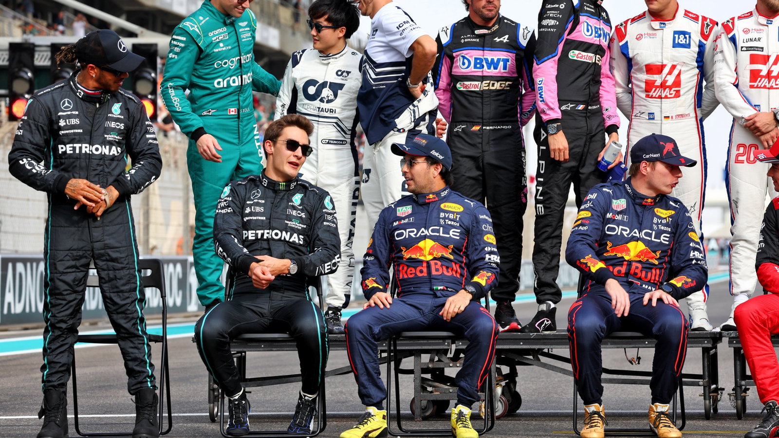 (L to R): Lewis Hamilton (GBR) Mercedes AMG F1; George Russell (GBR) Mercedes AMG F1; and Sergio Perez (MEX) Red Bull Racing