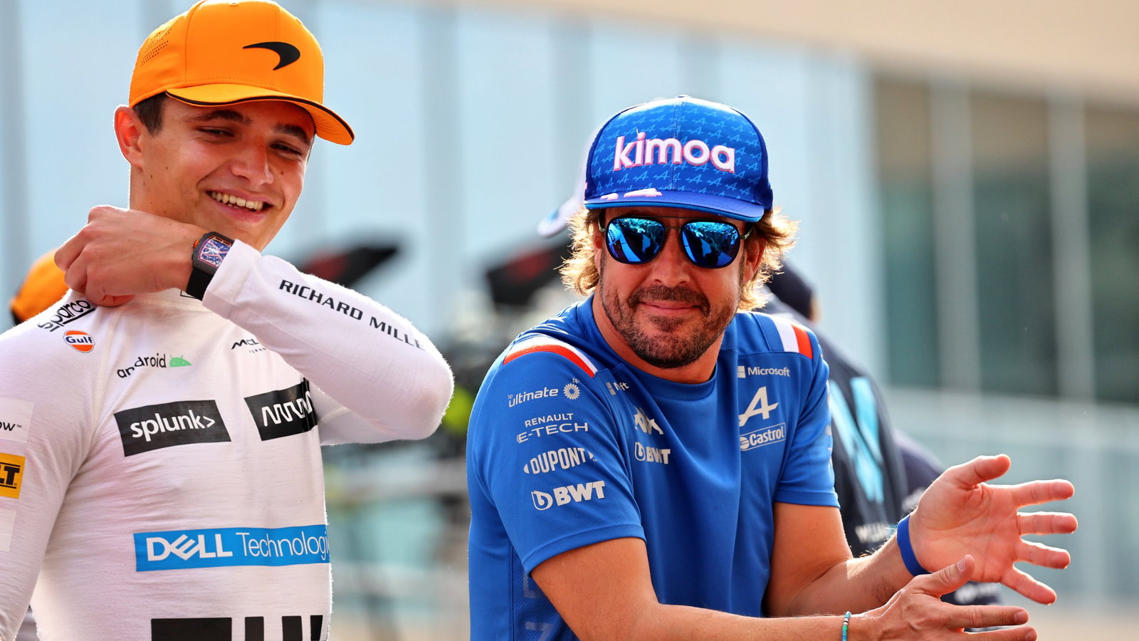 (L to R): Lando Norris (GBR) McLaren and Fernando Alonso (ESP) Alpine F1 Team on the drivers parade. Formula 1 World