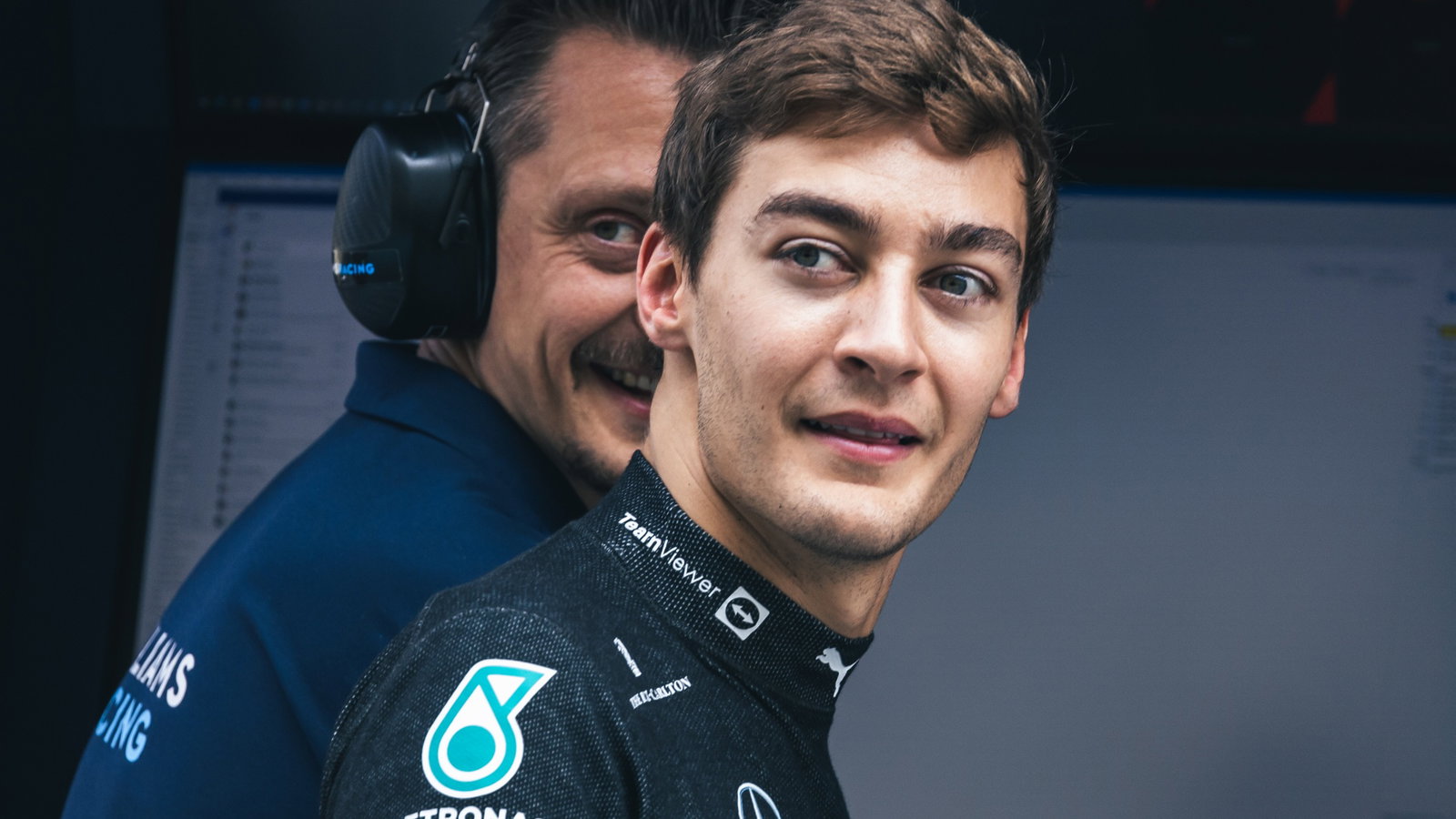 George Russell (GBR) Mercedes AMG F1 with Gaetan Jego, Williams Racing Race Engineer. Formula 1 Testing, Yas Marina