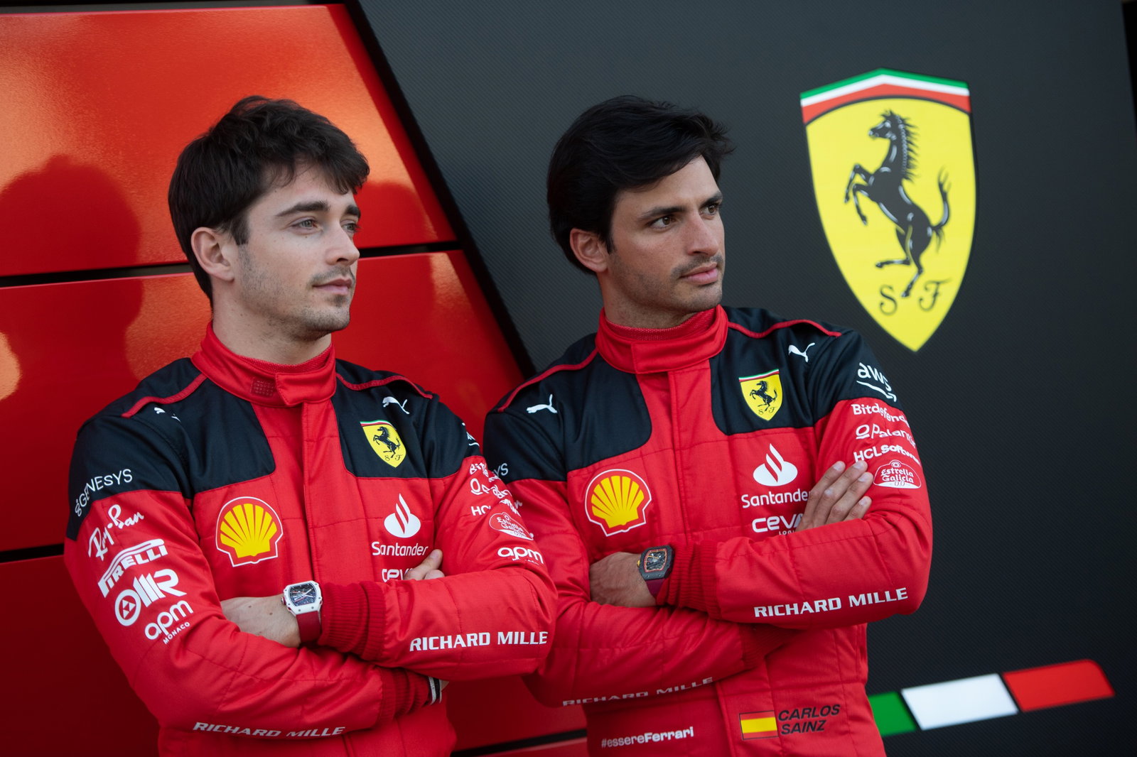 (L to R): Charles Leclerc (MON) Ferrari with team mate Carlos Sainz Jr (ESP) Ferrari. Formula 1 Testing, Sakhir, Bahrain,