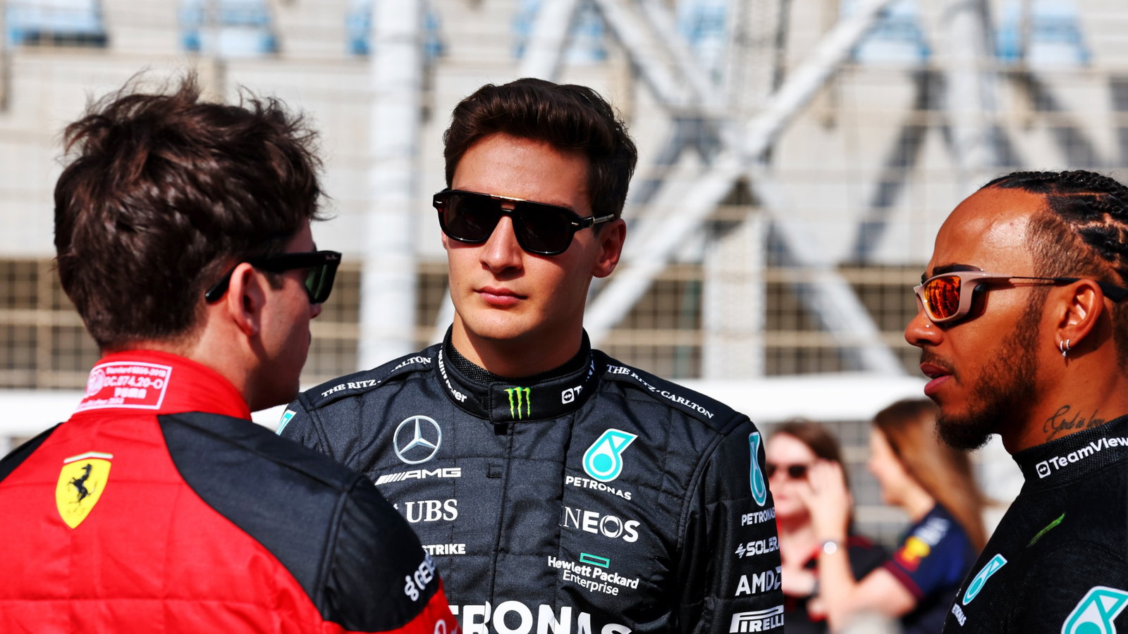 (L to R): Charles Leclerc (MON) Ferrari with George Russell (GBR) Mercedes AMG F1 and Lewis Hamilton (GBR) Mercedes AMG