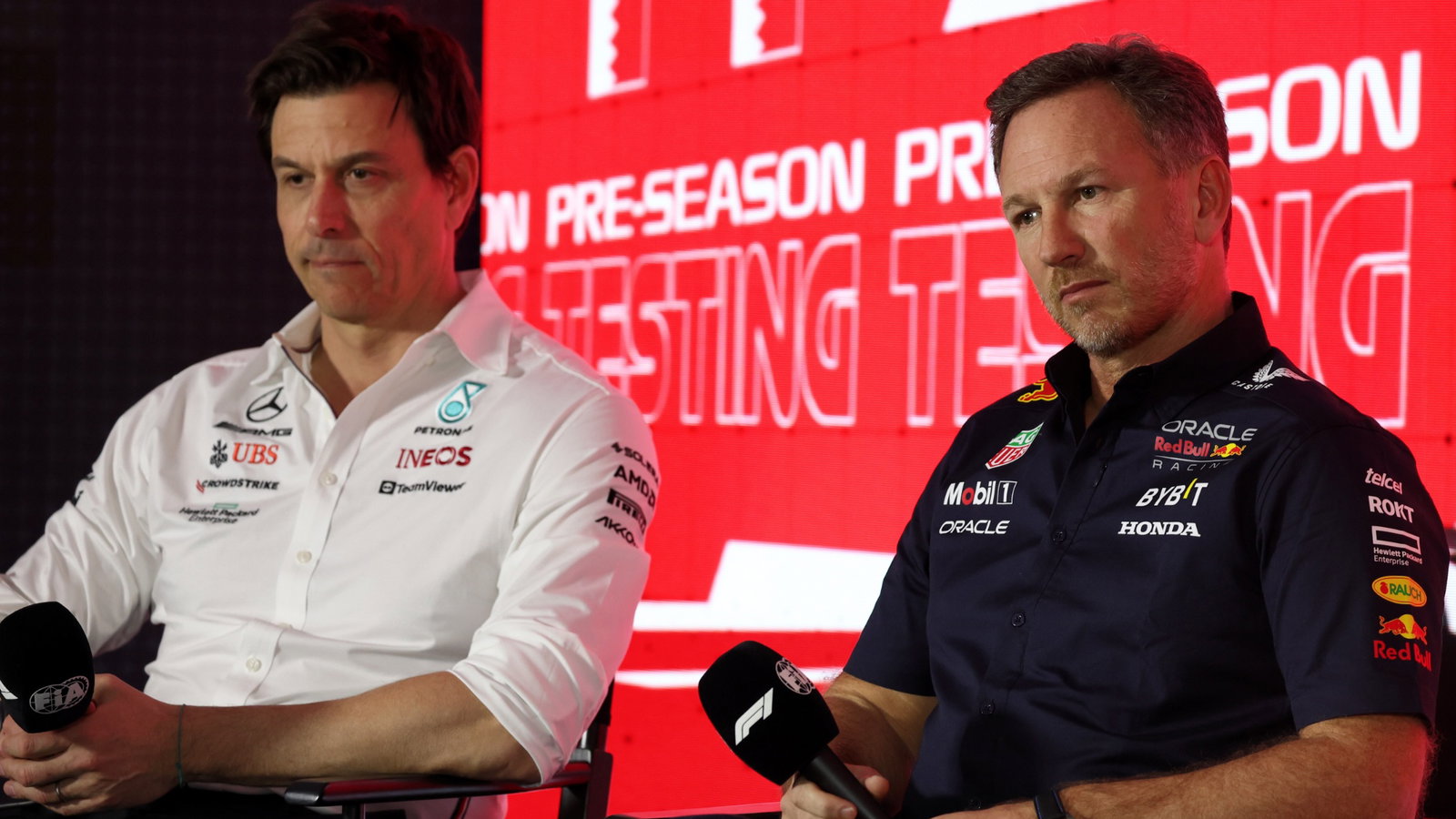 (L to R): Toto Wolff (GER) Mercedes AMG F1 Shareholder and Executive Director and Christian Horner (GBR) Red Bull Racing