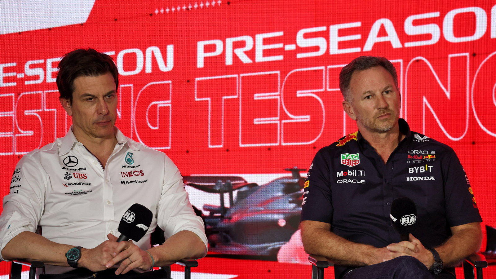 (L to R): Toto Wolff (GER) Mercedes AMG F1 Shareholder and Executive Director and Christian Horner (GBR) Red Bull Racing