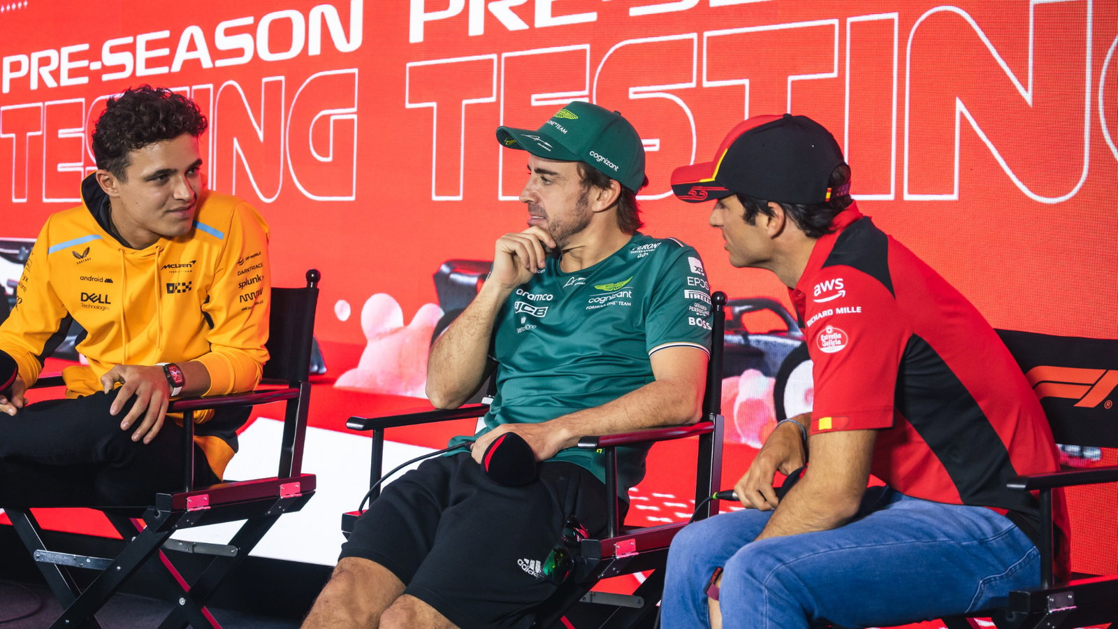 (L to R): Lando Norris (GBR) McLaren; Fernando Alonso (ESP) Aston Martin F1 Team, and Carlos Sainz Jr (ESP) Ferrari, in the
