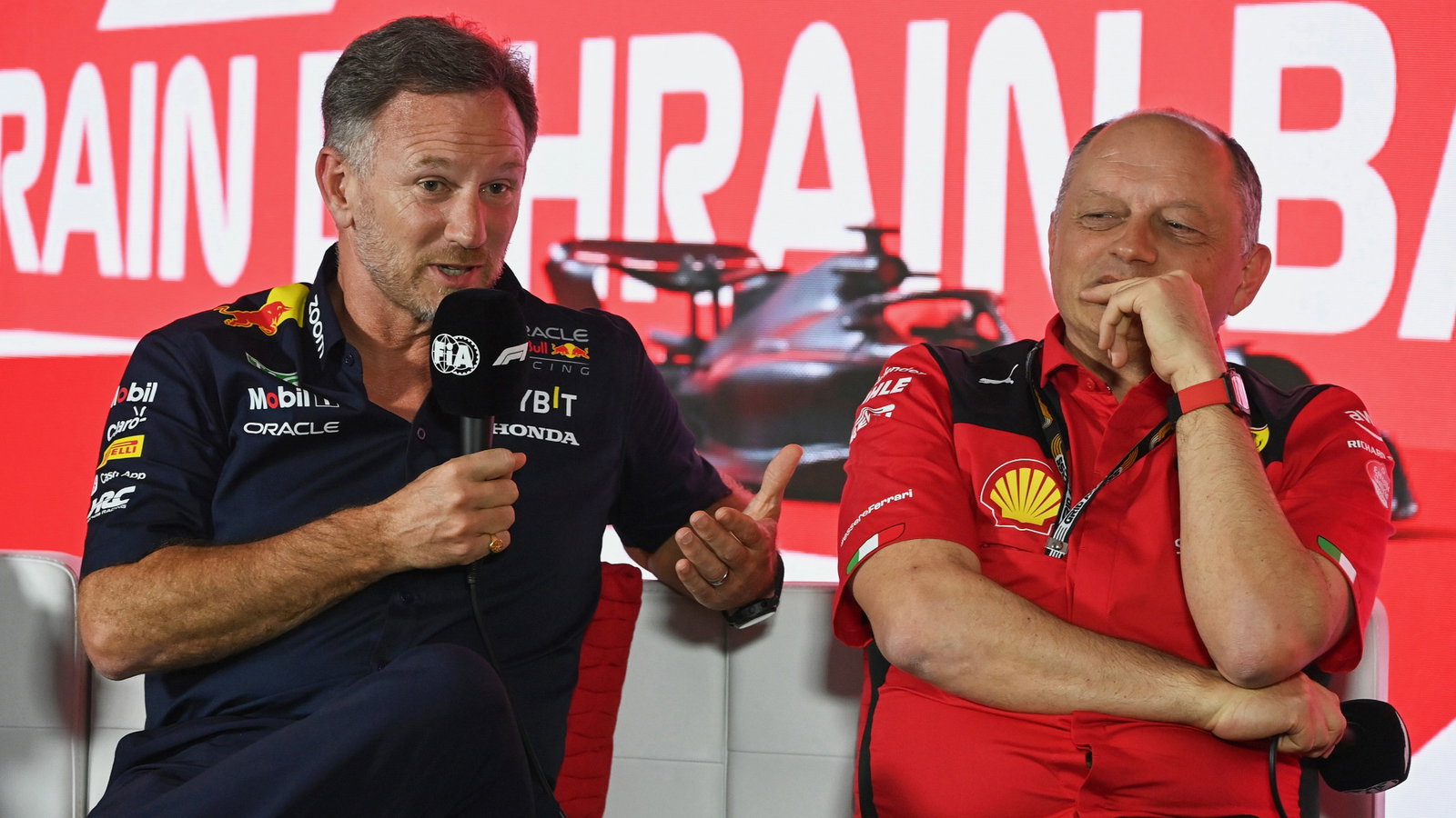 (L to R): Christian Horner (GBR) Red Bull Racing Team Principal and Frederic Vasseur (FRA) Ferrari Team Principal in the FIA