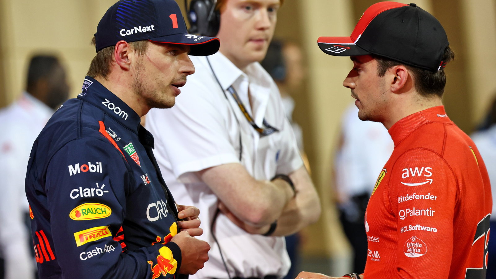 (L to R): Max Verstappen (NLD) Red Bull Racing in qualifying parc ferme with Charles Leclerc (MON) Ferrari. Formula 1