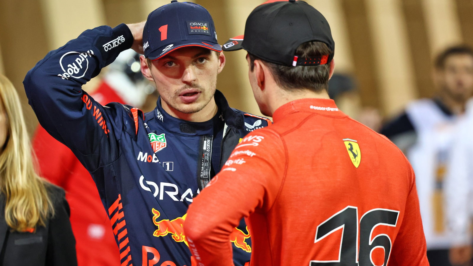 (L to R): Max Verstappen (NLD) Red Bull Racing in qualifying parc ferme with Charles Leclerc (MON) Ferrari. Formula 1