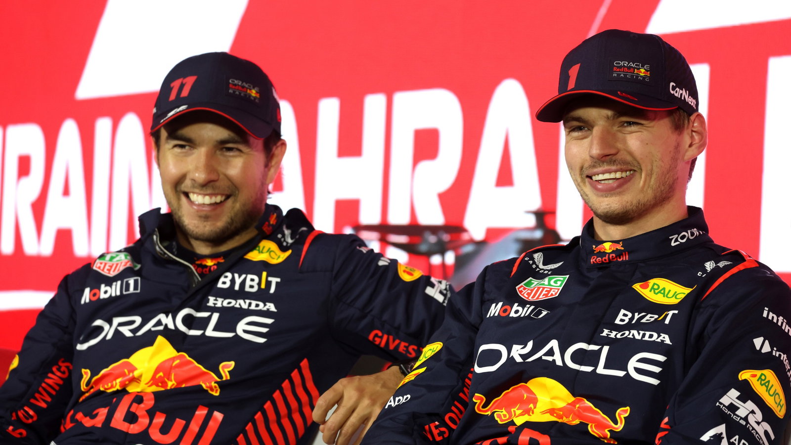 (L to R): Sergio Perez (MEX) Red Bull Racing and team mate Max Verstappen (NLD) Red Bull Racing in the post qualifying FIA