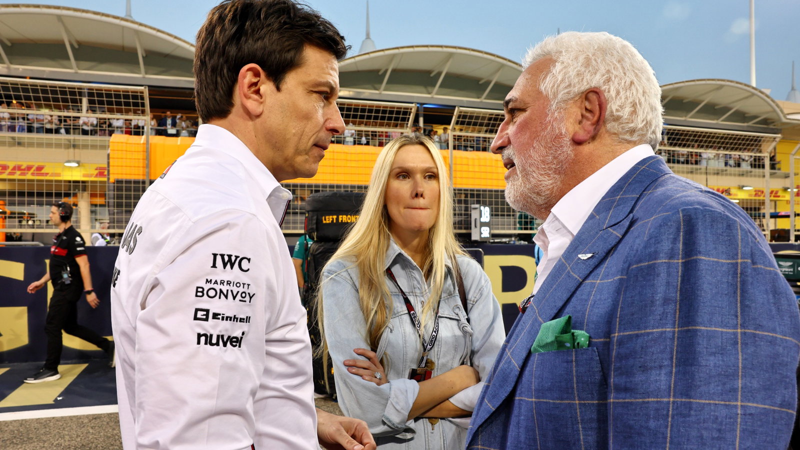 (L to R): Toto Wolff (GER) Mercedes AMG F1 Shareholder and Executive Director with Raquel Stroll (BRA) and her husband