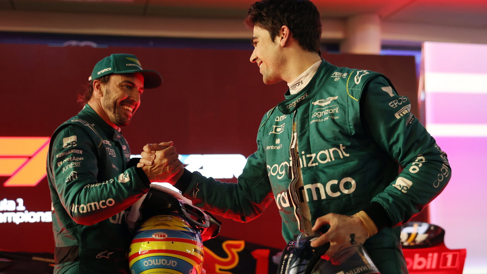(L to R): Fernando Alonso (ESP) Aston Martin F1 Team celebrates his third position with team mate Lance Stroll (CDN) Aston