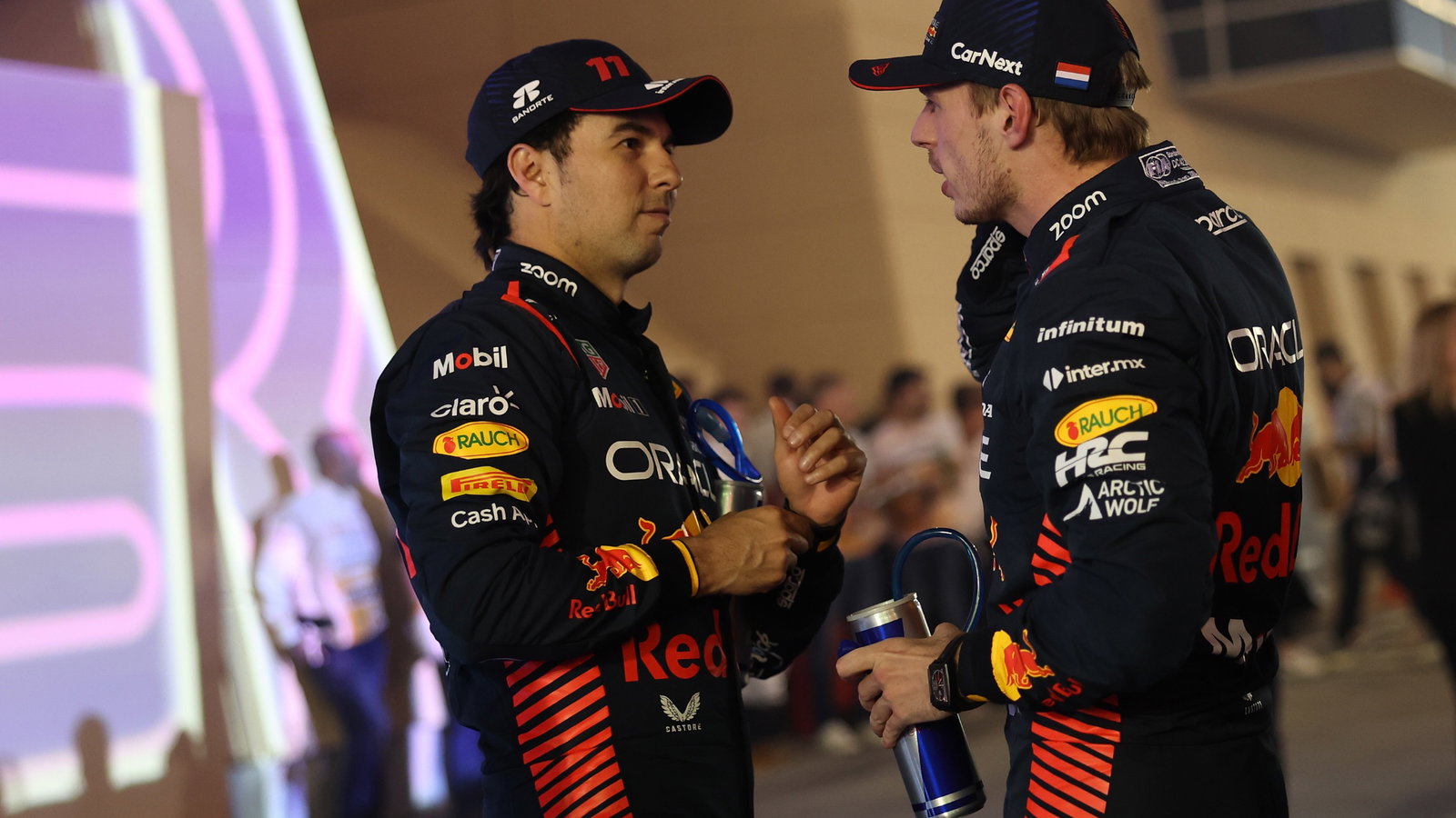 (L to R): Second placed Sergio Perez (MEX) Red Bull Racing with team mate and race winner Max Verstappen (NLD) Red Bull