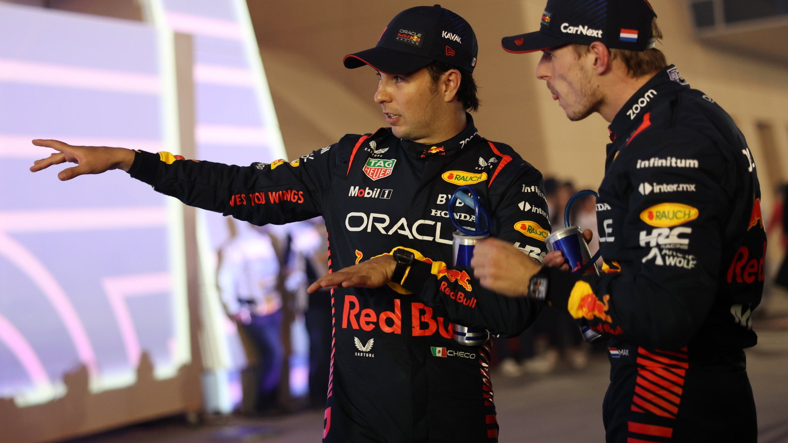 (L to R): Second placed Sergio Perez (MEX) Red Bull Racing with team mate and race winner Max Verstappen (NLD) Red Bull