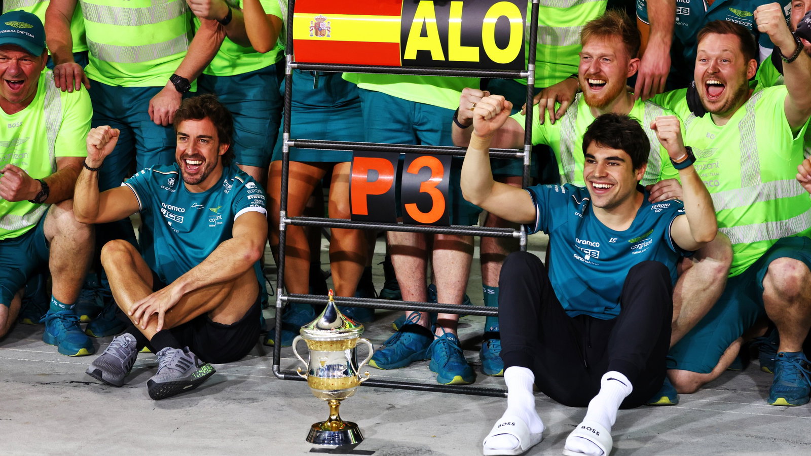 Lance Stroll (CDN) Aston Martin F1 Team (Right) celebrates third position for Fernando Alonso (ESP) Aston Martin F1 Team