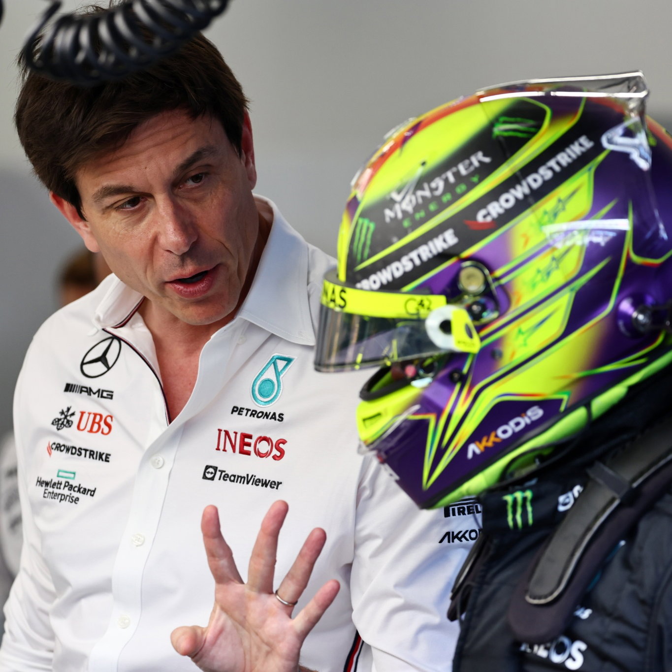 (L to R): Toto Wolff (GER) Mercedes AMG F1 Shareholder and Executive Director with Lewis Hamilton (GBR) Mercedes AMG F1.
