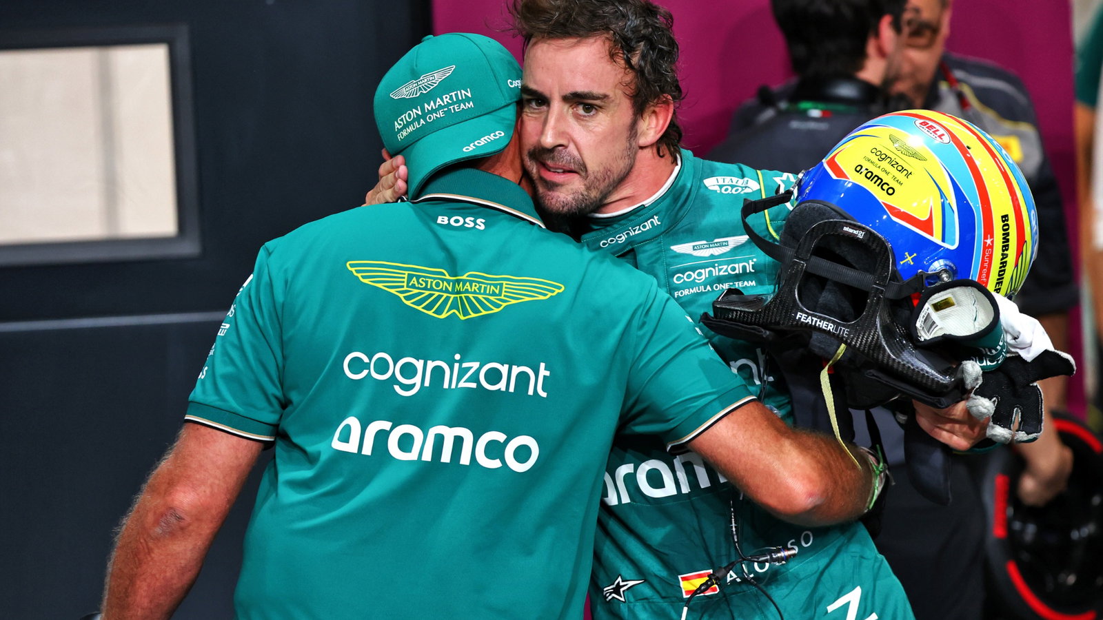 Fernando Alonso (ESP) Aston Martin F1 Team celebrates his third position in qualifying parc ferme. Formula 1 World