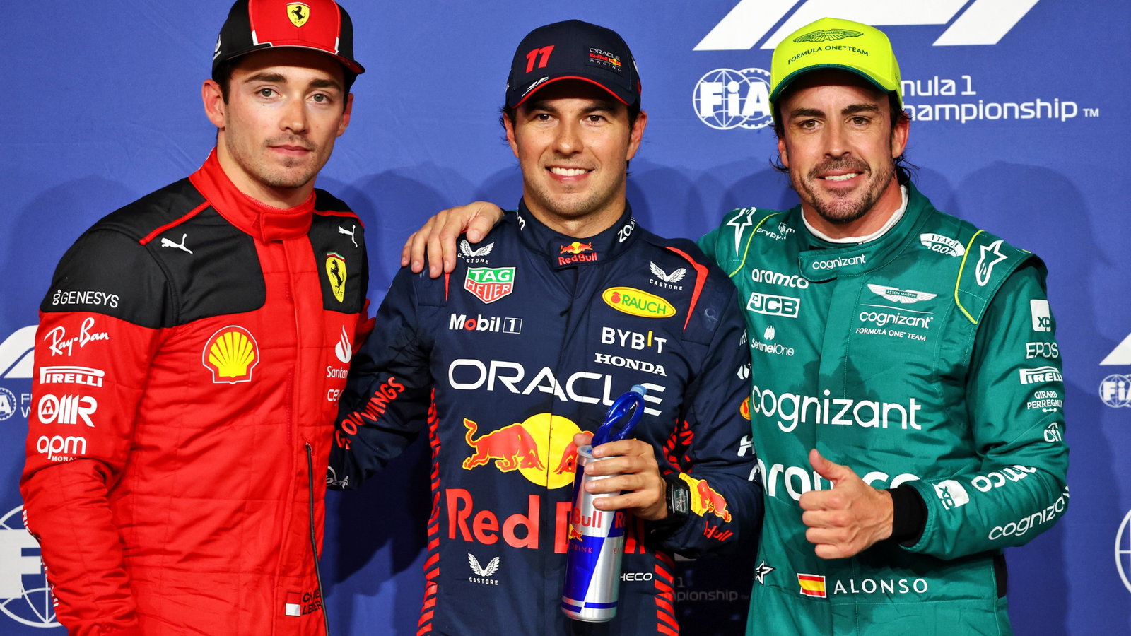 Qualifying top three in parc ferme (L to R): Charles Leclerc (MON) Ferrari, second; Sergio Perez (MEX) Red Bull Racing, pole