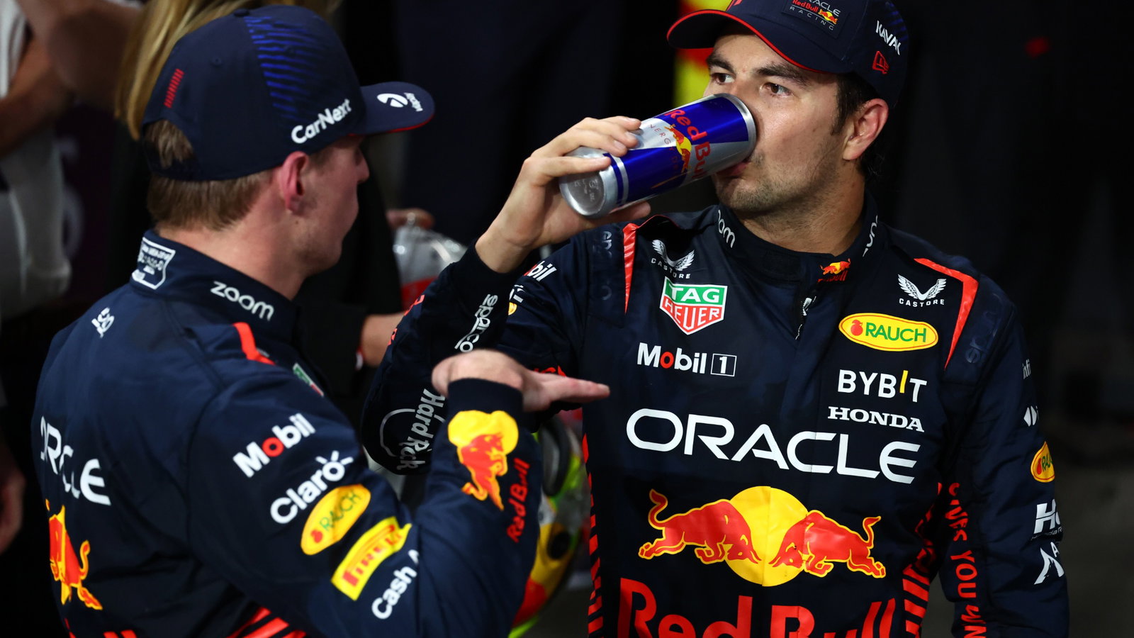 2nd place Max Verstappen (NLD) Red Bull Racing RB19 with 1st place for Sergio Perez (MEX) Red Bull Racing. Formula 1 World