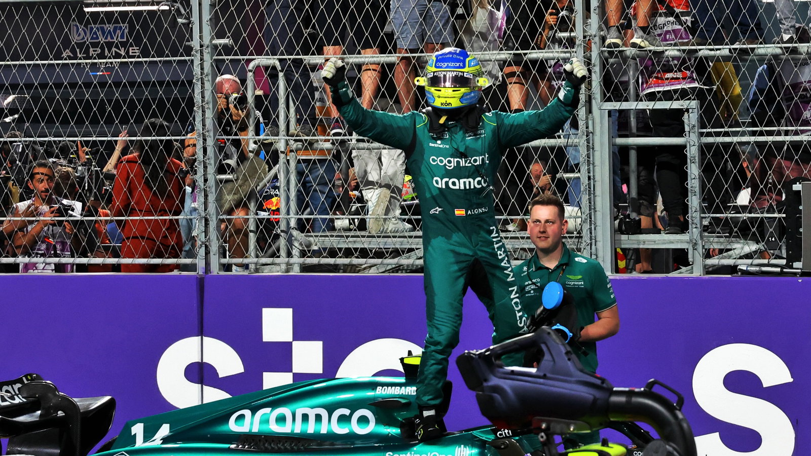 Fernando Alonso (ESP) Aston Martin F1 Team AMR23 celebrates his fourth position in parc ferme. Formula 1 World