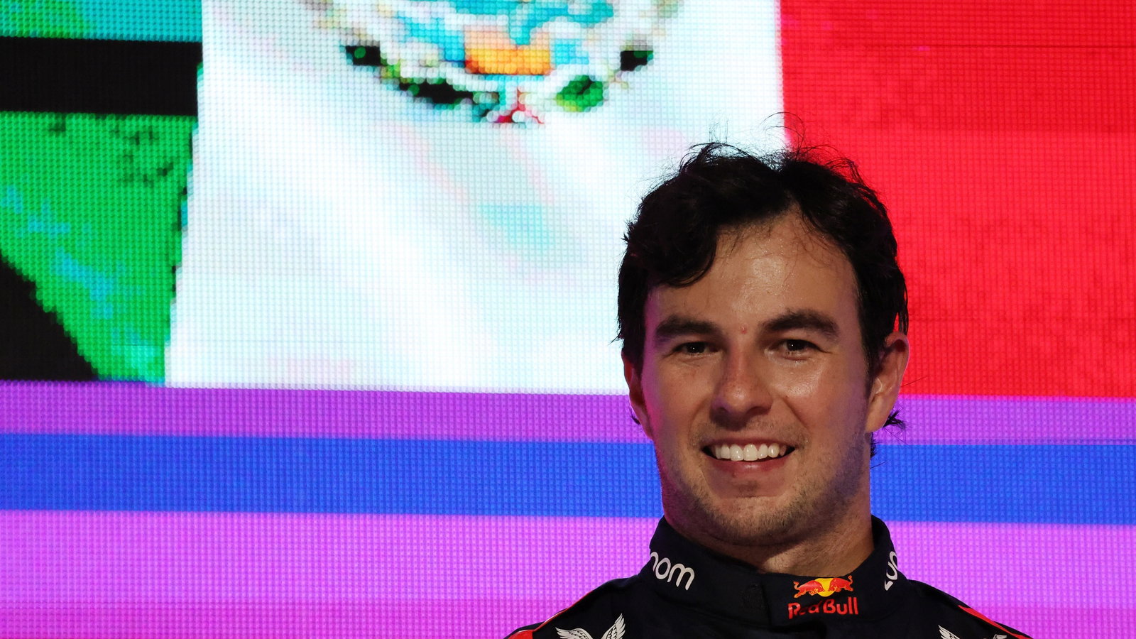 Race winner Sergio Perez (MEX) Red Bull Racing on the podium. Formula 1 World Championship, Rd 2, Saudi Arabian Grand
