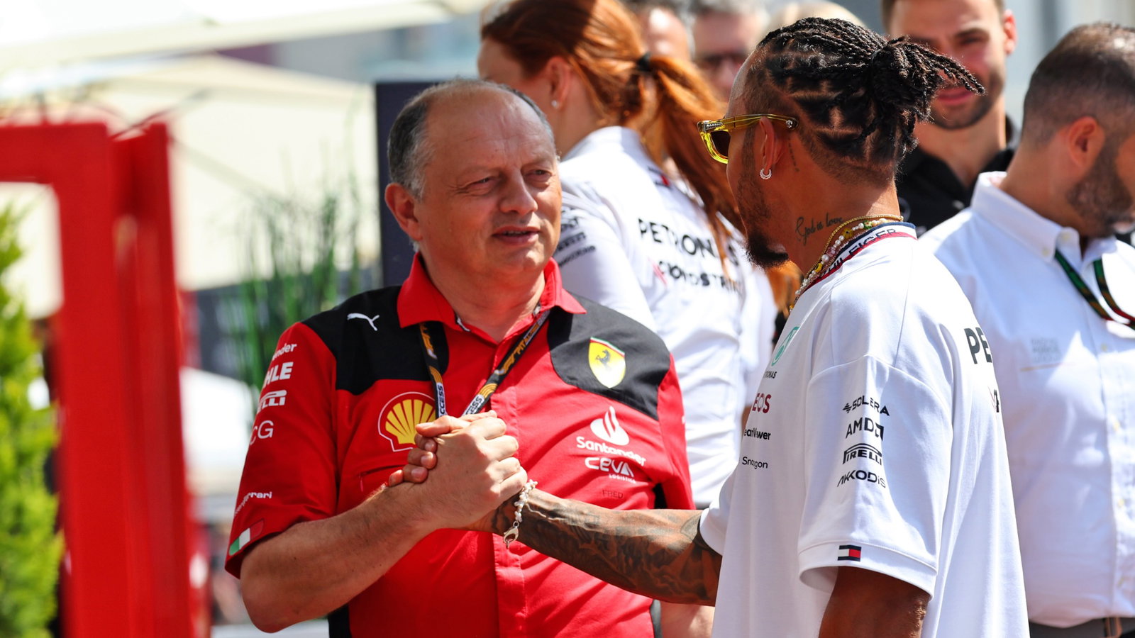 (L to R): Frederic Vasseur (FRA) Ferrari Team Principal with Lewis Hamilton (GBR) Mercedes AMG F1. Formula 1 World