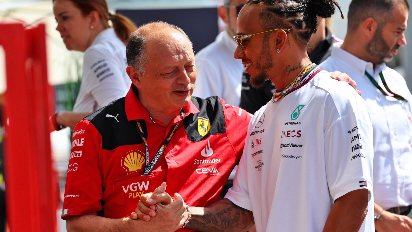 (L to R): Frederic Vasseur (FRA) Ferrari Team Principal with Lewis Hamilton (GBR) Mercedes AMG F1. Formula 1 World