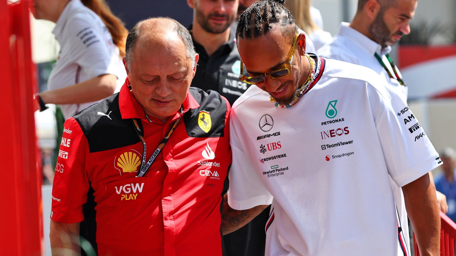 (L to R): Frederic Vasseur (FRA) Ferrari Team Principal with Lewis Hamilton (GBR) Mercedes AMG F1. Formula 1 World