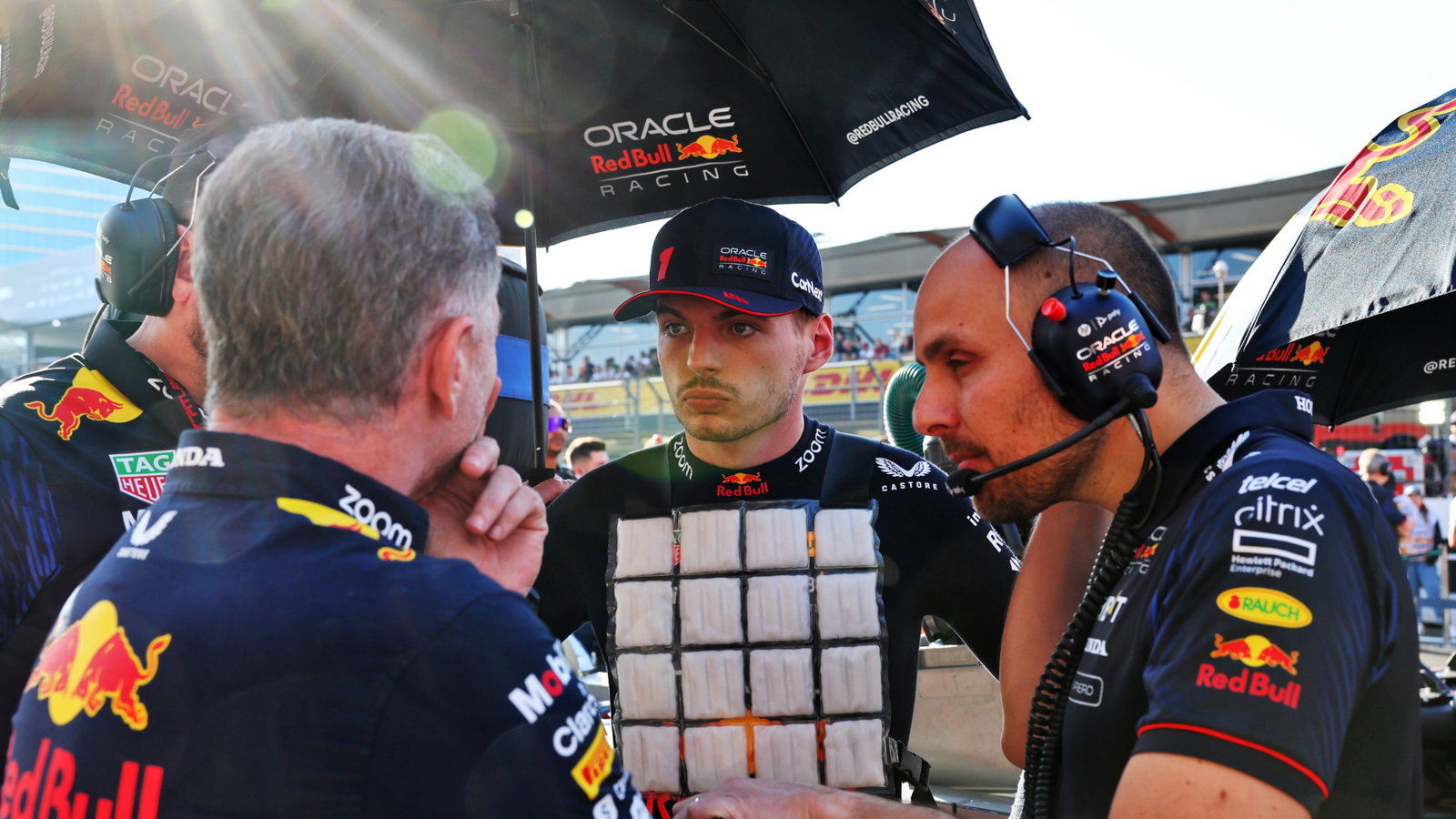 Christian Horner (GBR) Red Bull Racing Team Principal with Max Verstappen (NLD) Red Bull Racing and Gianpiero Lambiase (ITA)