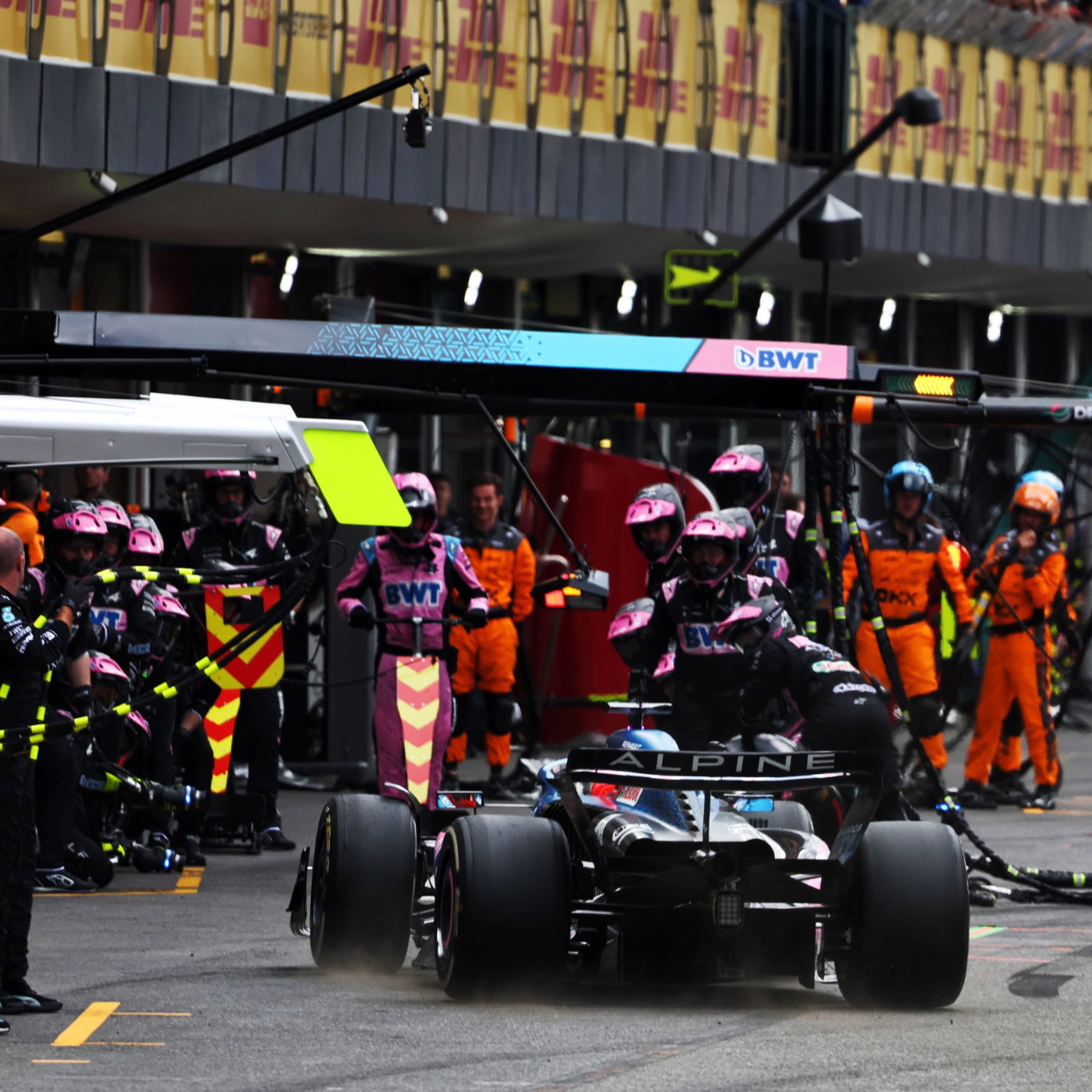 Esteban Ocon (FRA) Alpine F1 Team A523 makes a pit stop. Formula 1 World Championship, Rd 4, Azerbaijan Grand Prix, Baku