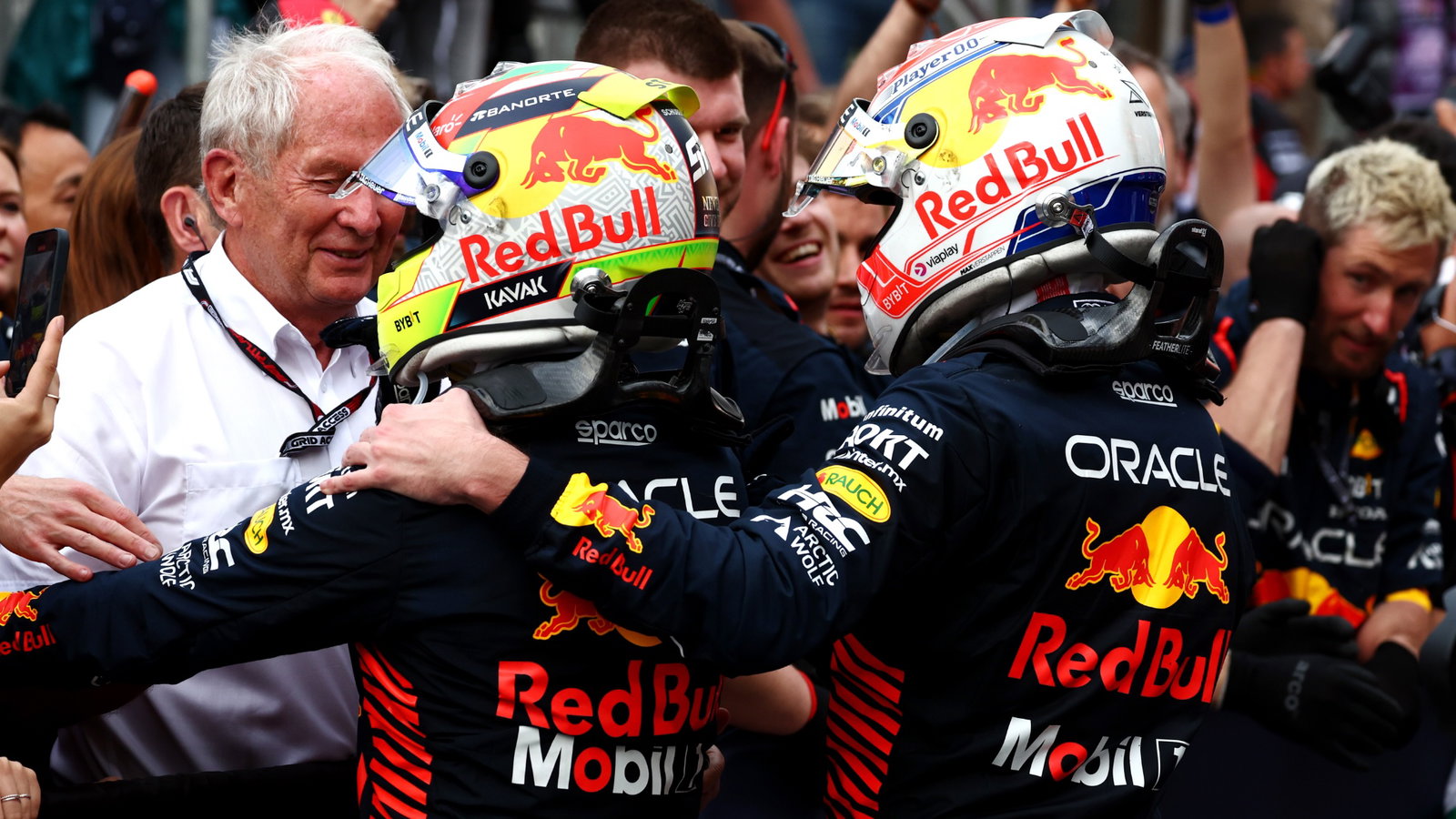 (L to R): Race winner Sergio Perez (MEX) Red Bull Racing and second placed team mate Max Verstappen (NLD) Red Bull Racing