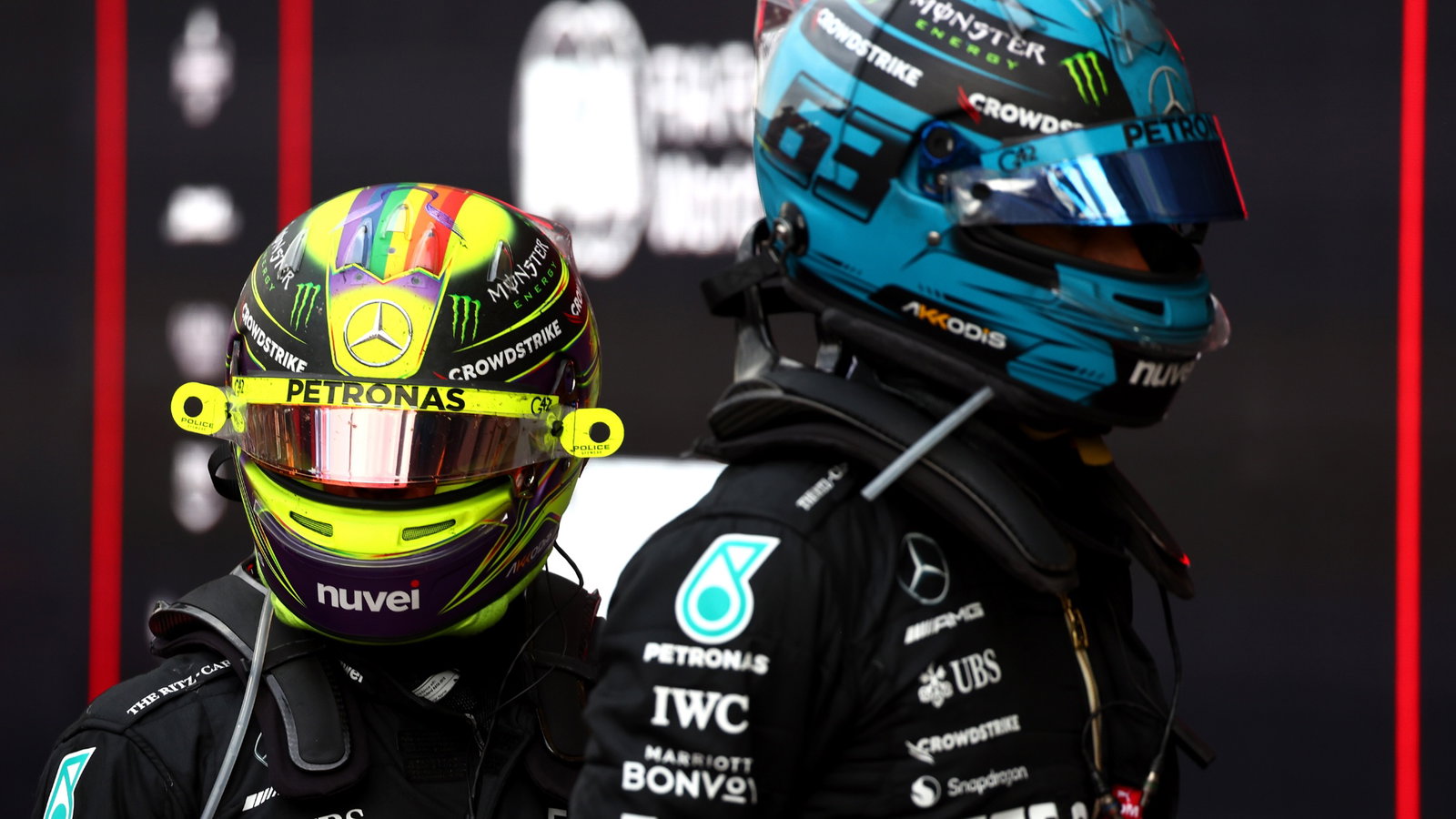 (L to R): Lewis Hamilton (GBR) Mercedes AMG F1 and George Russell (GBR) Mercedes AMG F1 in parc ferme. Formula 1 World