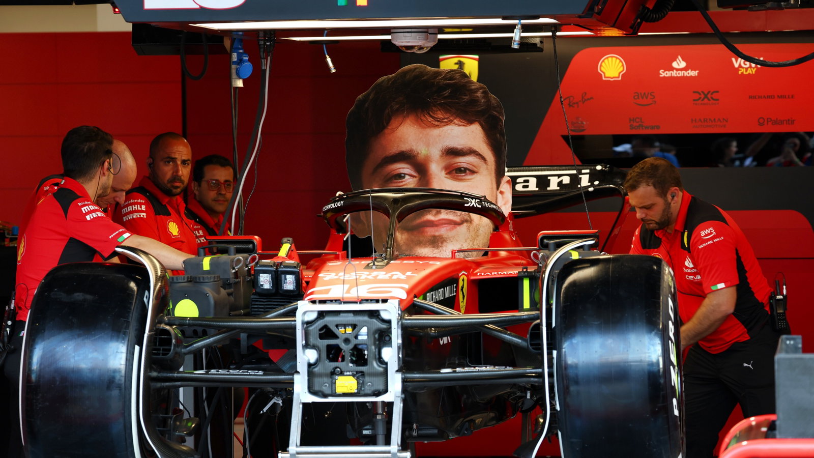 Ferrari SF-23 of Charles Leclerc (MON) Ferrari being prepared with a giant cut out of his head in the cockpit. Formula 1
