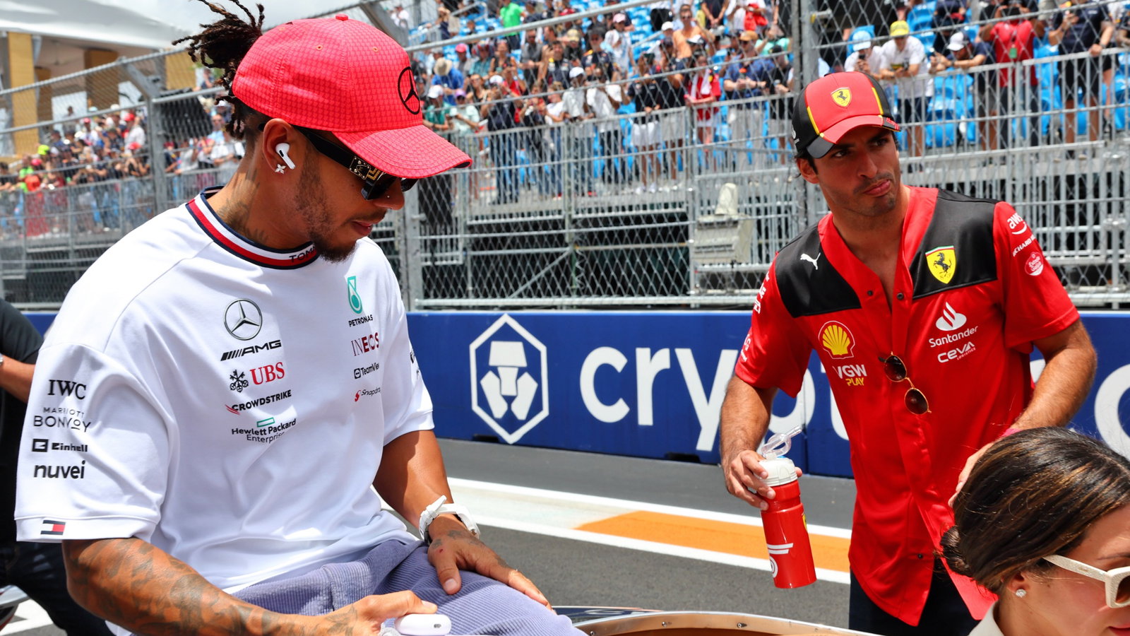 Lewis Hamilton (GBR) Mercedes AMG F1 and Carlos Sainz Jr (ESP) Ferrari on the drivers' parade. Formula 1 World