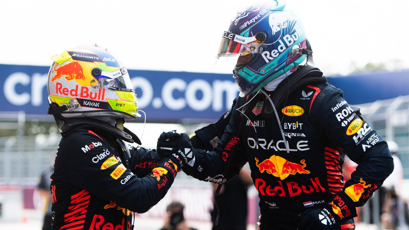 2nd place Sergio Perez (MEX) Red Bull Racing with 1st place Max Verstappen (NLD) Red Bull Racing. Formula 1 World