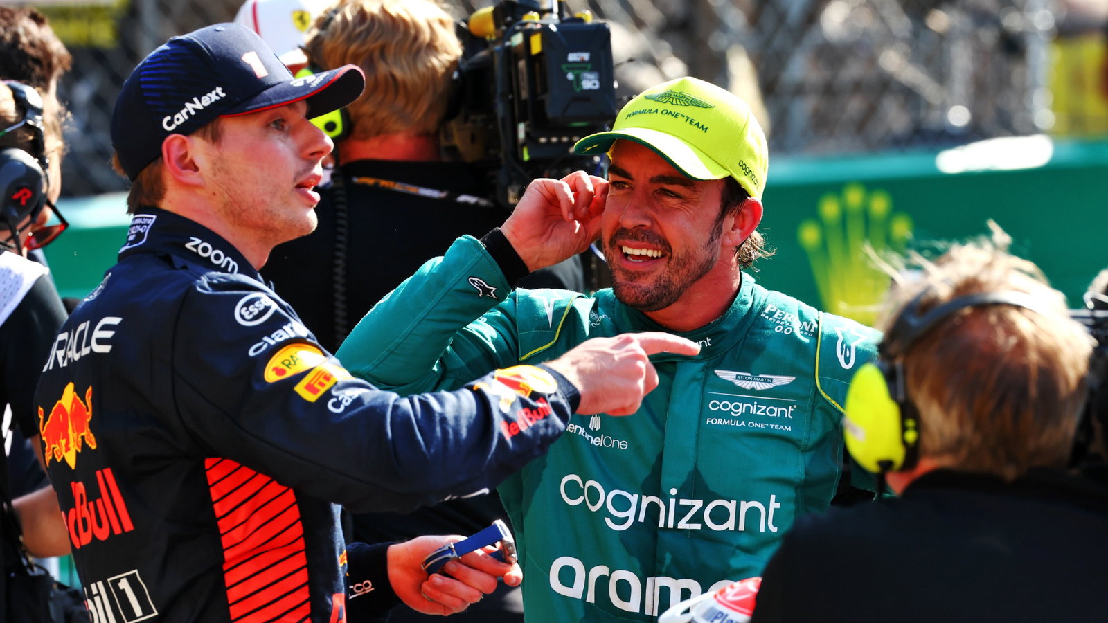 (L to R): Pole sitter Max Verstappen (NLD) Red Bull Racing with second placed Fernando Alonso (ESP) Aston Martin F1 Team in