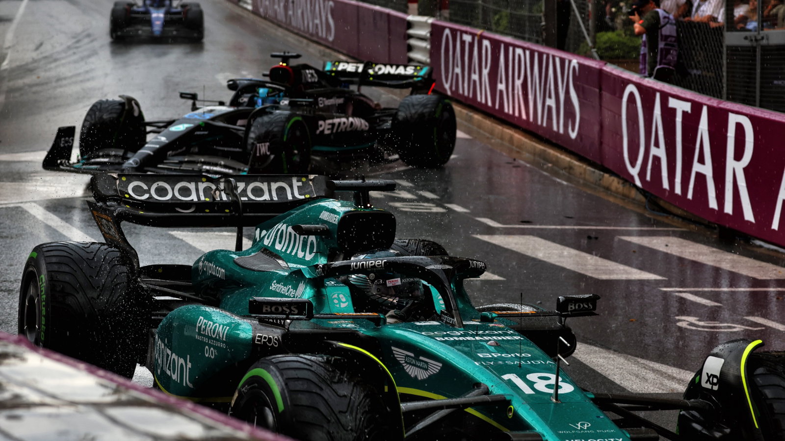 Lance Stroll (CDN) Aston Martin F1 Team AMR23 and George Russell (GBR) Mercedes AMG F1 W14 run wide. Formula 1 World
