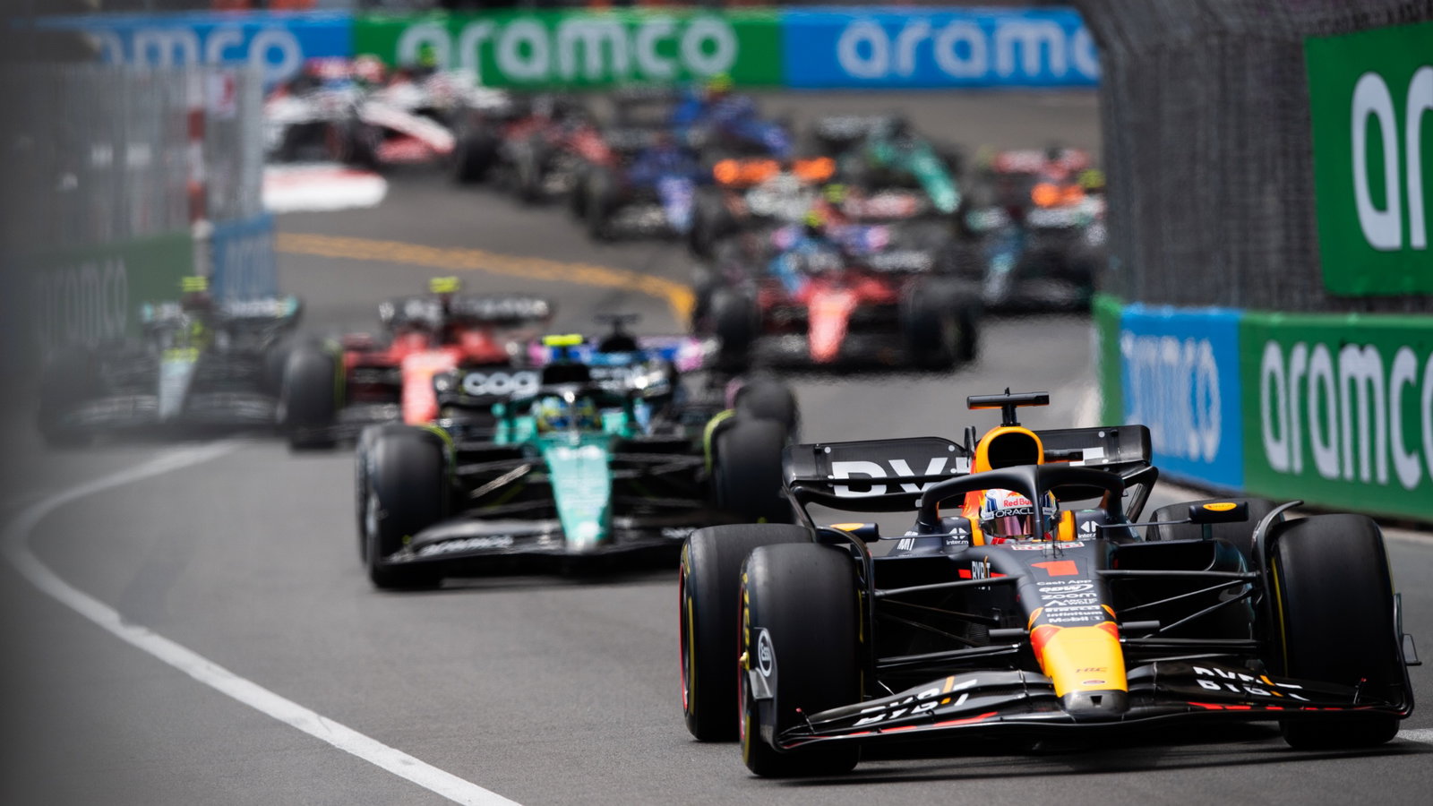 Max Verstappen (NLD) Red Bull Racing RB19 leads at the start of the race. Formula 1 World Championship, Rd 7, Monaco Grand
