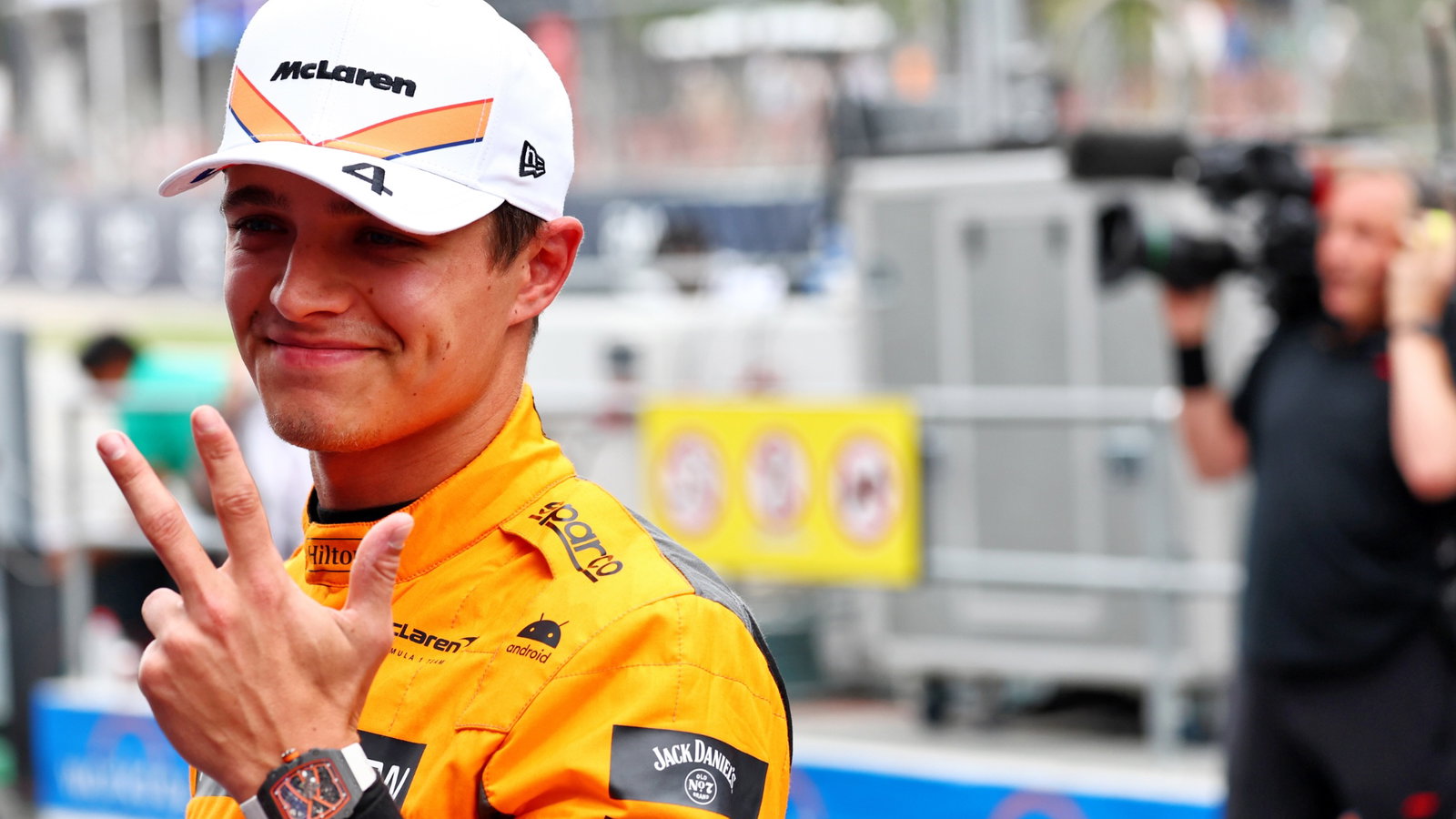 Lando Norris (GBR) McLaren celebrates his third position in qualifying parc ferme. Formula 1 World Championship, Rd 8,
