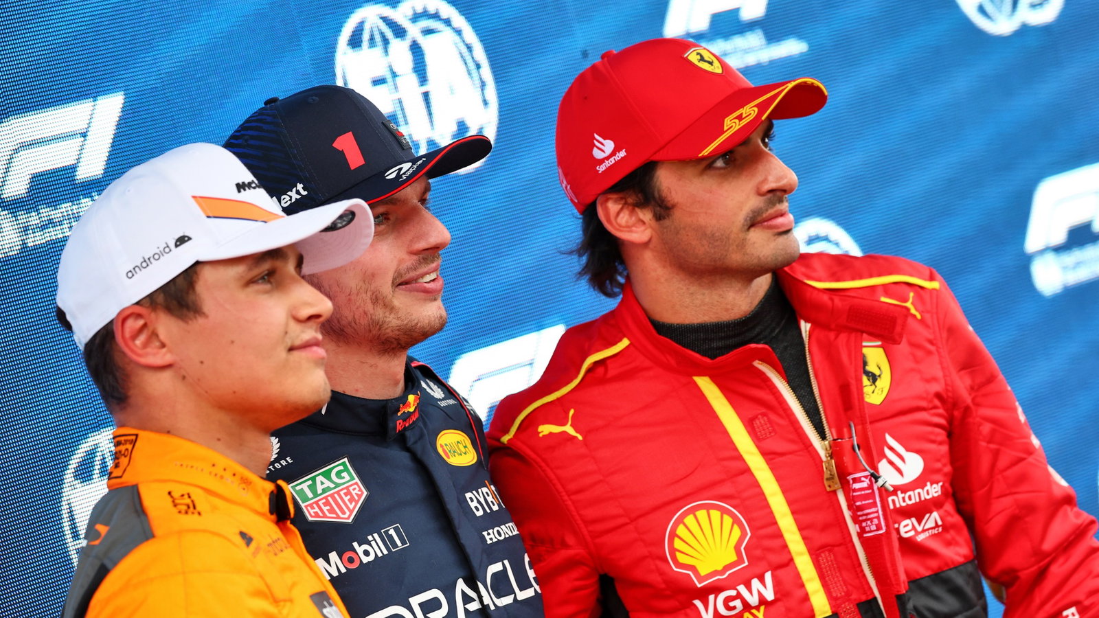 Qualifying top three in parc ferme (L to R): Lando Norris (GBR) McLaren, second; Max Verstappen (NLD) Red Bull Racing, pole