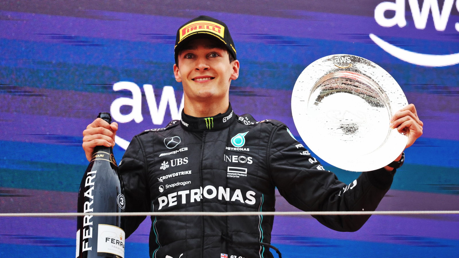 George Russell (GBR) Mercedes AMG F1 celebrates his third position on the podium. Formula 1 World Championship, Rd 8,